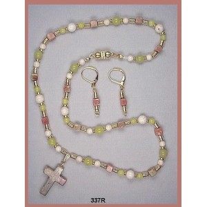 Necklace Set of "Oliver" Quartz Interspersed with Riverstone Agate Rounds, "Pink" Jasper Cubes and Matching Cross Pendant