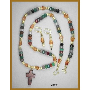 Queen Necklace Set of Multi-Colored Agate Rondells, Red Agate Dog Bone Shapes, & Mahogany Obsidian Cross Pendant. 