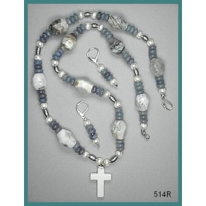 Queen Size Necklace Set of Peruvian Opal Nuggets, Blue Aventurine Rondells, Oval Gray Freshwater Pearls,& Howlite Cross Pendant