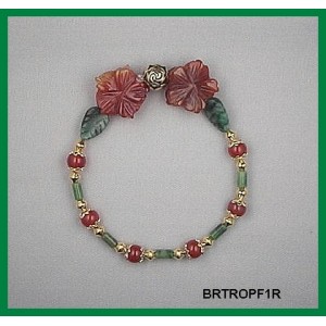 Carnelian Flowers & Green African Jade Leaves form this Tropical Flower Bracelet