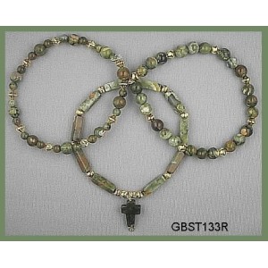 Made entirely from Rhyolite, a type of Jasper, One has a Moss Agate cross, (Triad Bracelet Set)